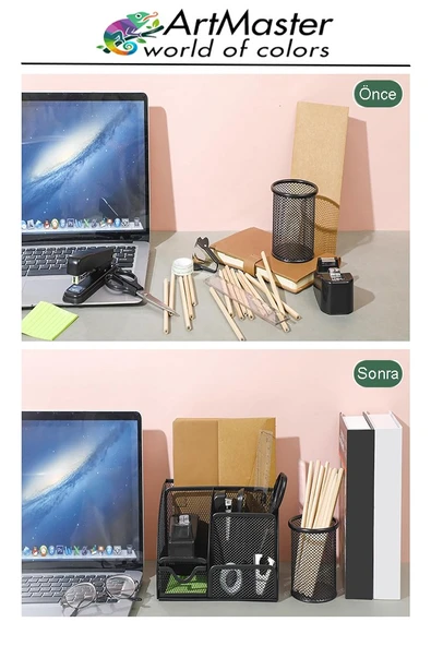 Masaüstü Büro Seti Metal Siyah 16 Parça Kalemlik Evrak Rafı 3 Lü Delgeç Zımba Makinesi Notluk Çöp Kovası Ataç - 3