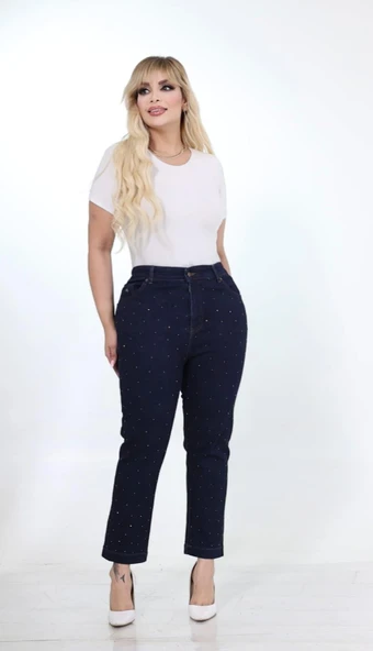 IŞŞIL 540-Büyük Beden Taşlı Bilek Boy Esnek Kot Pantolon - 3