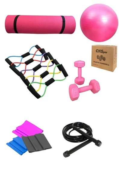 CKSpor Pilates 8’li Set: 10 mm Pembe Mat + 1 kg x2 Dambıl + Atlama İpi + 3 Bant + Lastik