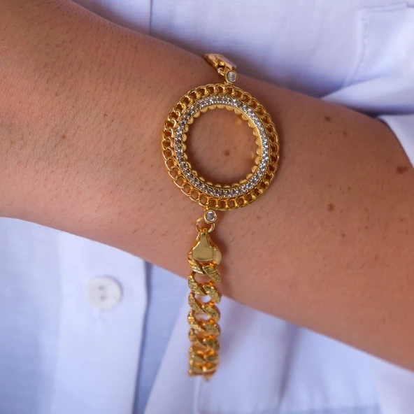 Yarım Altın Çerçeve Bileklik Çelik Altın Kaplama Fİgaro Model BLK-1105 - Resim 2