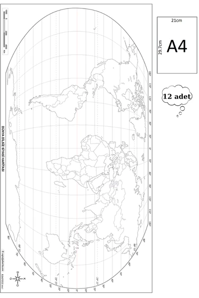 a4 boy  dilsiz dünya siyasi haritası geoid renksiz 12 adet ürün görseli 1