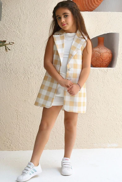 Kız Çocuk Halter Yaka Ekose Baskılı Düğme Detaylı Hardal Şortlu Takım - Resim 2