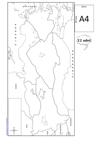 a4 boy  dilsiz türkiye bölgeler haritası renksiz 12 adet ürün görseli 1