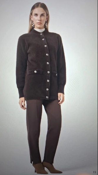 Nuss 7008  Cep Detay Düğmeli Angora Hırka - kahve