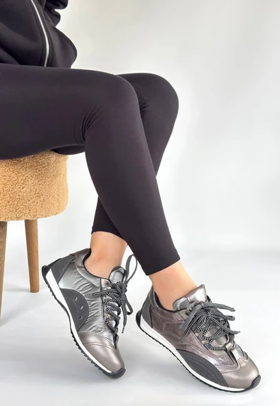 Ranu Platin Cilt Paraşüt Detaylı Bağcıklı Spor Ayakkabı - Resim 3