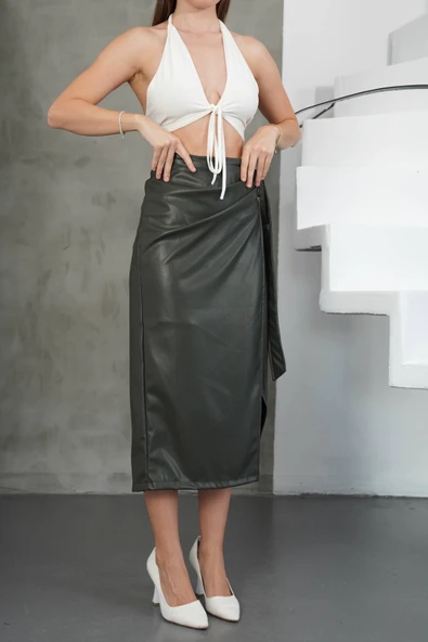 Kuşaklı uzun deri etek haki h26414 - Resim 2