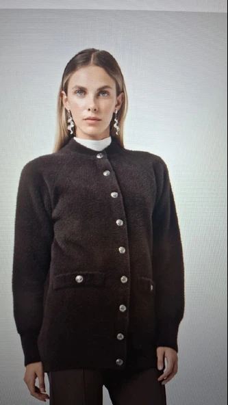 Nuss 7008  Cep Detay Düğmeli Angora Hırka - kahve - 4