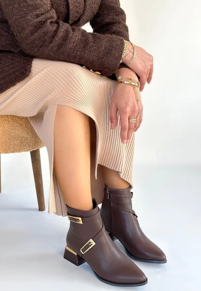 İnay Kahverengi Cilt Topuklu Bot - Resim 3