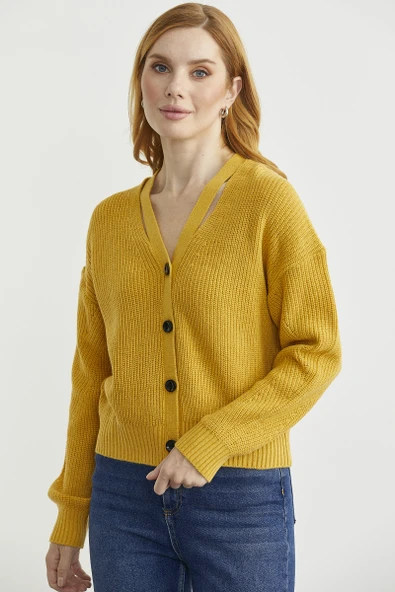 Yaka Detaylı Düğmeli Triko Hırka - Güneş - Resim 2