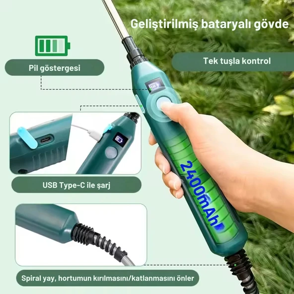 ShopyTech 2400 mAh Şarjlı Sulama Tabancası3 Başlık Teleskopik Çubuk 5 m Emiş Hortumu Type-C - Resim 5