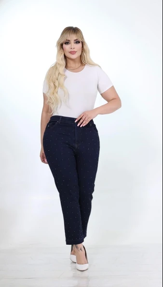 IŞŞIL 540-Büyük Beden Taşlı Bilek Boy Esnek Kot Pantolon