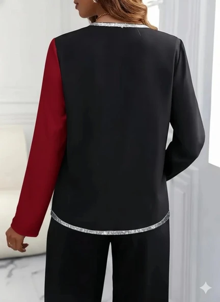 MDB Kadın Uzun Kollu V Yakalı Pul Payet Işlemeli Ithal Krep Bluz - Resim 4