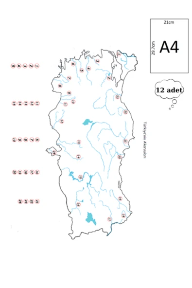 a4 boy  dilsiz türkiyenin akarsuları haritası  renksiz 12 adet ürün görseli 1
