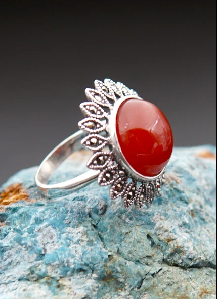 925 Ayar Gümüş Kadın Akik Taşı Yüzük sy00080 - Resim 4