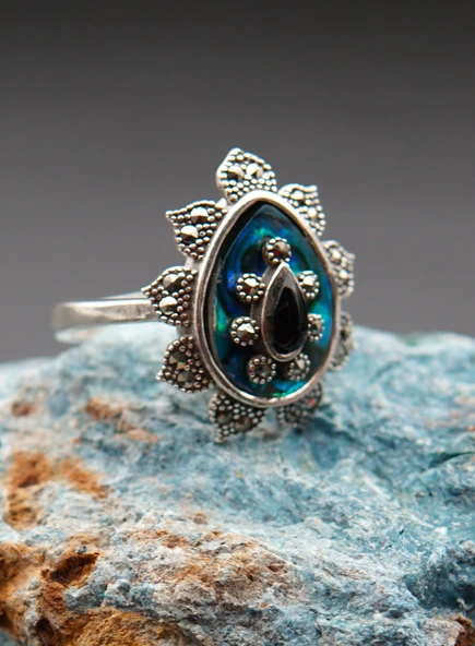 925 Ayar  Gümüş Kadın Oltu Taşı ve Mercan Yüzük sy00082 - Resim 2