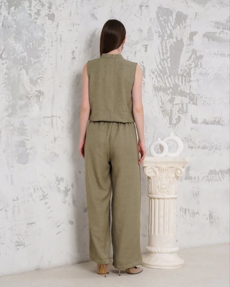 Broşlu yelek pantolon takım haki s255821 - Resim 3