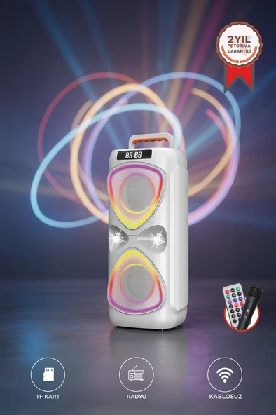 TORIMA D78 Beyaz Kablosuz Bluetooth Hoparlör Mikrofonlu LED Işıklı 8W+8W Parti Speaker ürün görseli