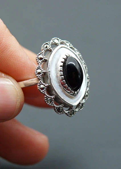 925 Ayar Gümüş Kadın  Oltu Taşı ve Sedef Yüzük sy00081 - Resim 4