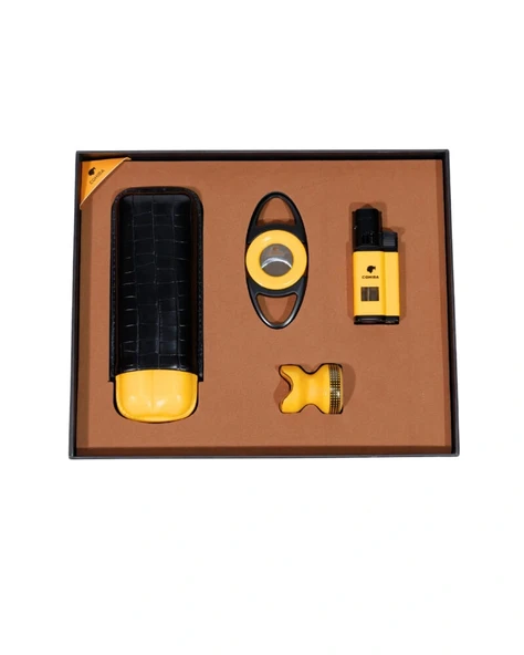 AlsepeteAvm Çakmak Kesici Küllük Sehpa Dörtlü Sarı – Siyah Puro Seti CST0266 ürün görseli