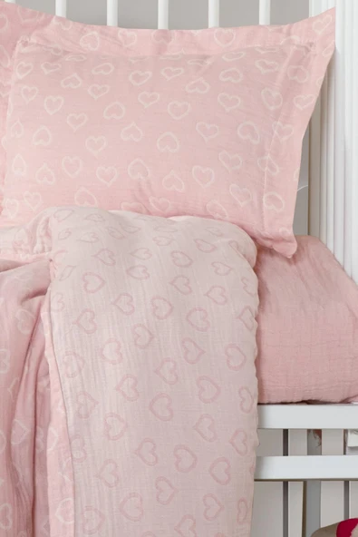 Kanz Jakarlı Müslin Bebek Nevresim Takımı Knz-013 Heart Pembe - Resim 4