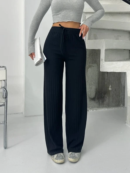 Fitilli şardonlu pantolon siyah ürün görseli