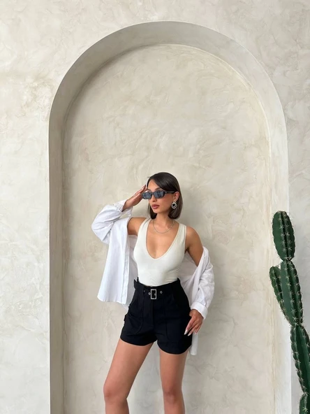 Kemer detaylı gabardin şort siyah s25289 - Resim 5