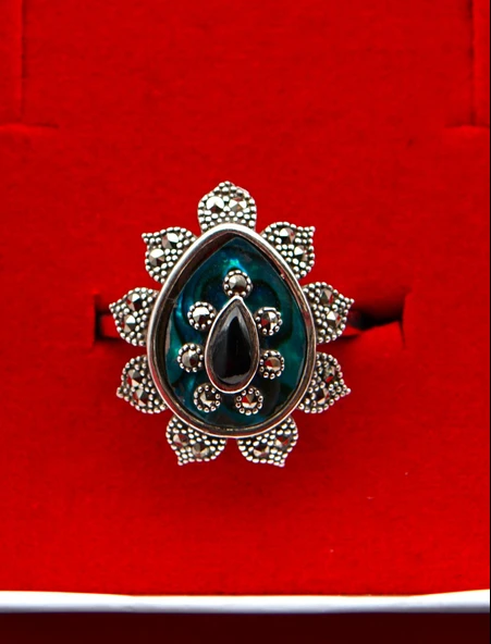 925 Ayar  Gümüş Kadın Oltu Taşı ve Mercan Yüzük sy00082 - Resim 3