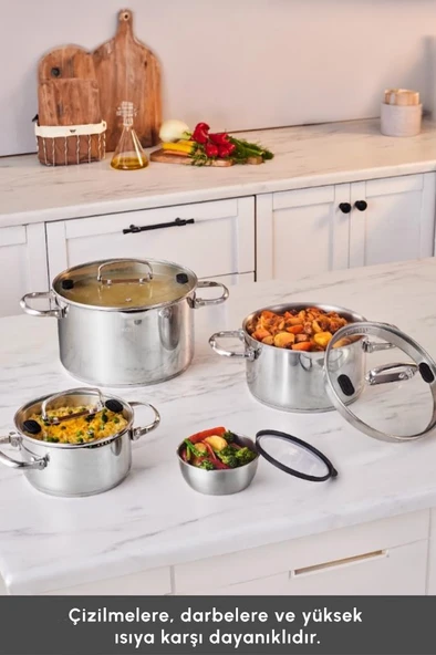 Burgaz 8 Parça Katlanabilir Kulplu ve Süzgeç Kapaklı Çelik Tencere Seti - Resim 5