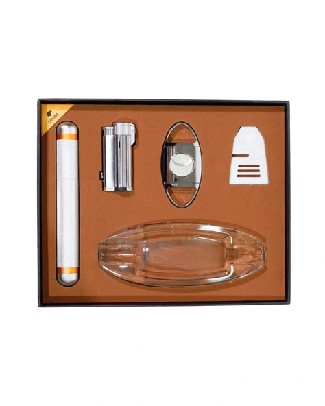 AlsepeteAvm Çakmak Kesici Tüp Küllük Sehpa Beşli Gümüş Puro Seti CST0264 ürün görseli 1