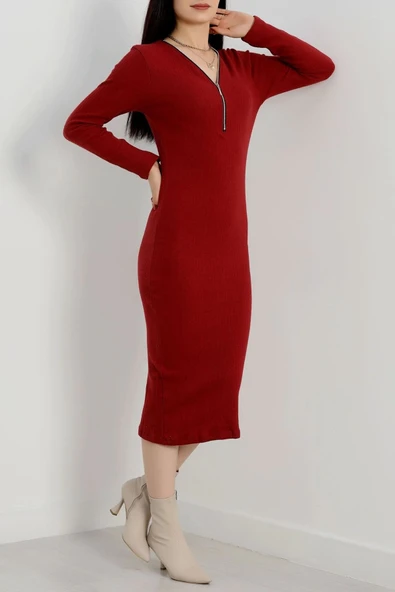 Fermuar detaylı fitilli şardonlu elbise bordo - Resim 6