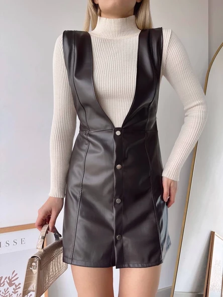 Deri jile elbise kahve w24796 - Resim 2