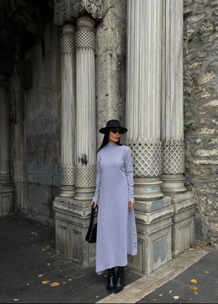 Boğazlı kalın bürümcük uzun elbise gri ürün görseli