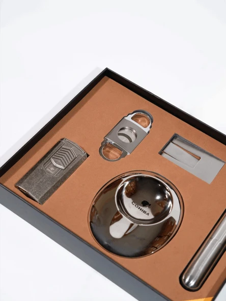 AlsepeteAvm Çakmak Kesici Tüp Küllük Sehpa Beşli Gümüş Puro Seti CST0263 - Resim 5