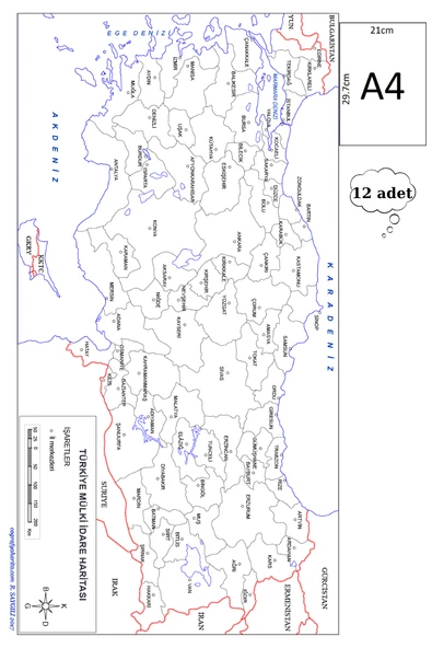 a4 boy  dilsiz türkiye mülki idari haritası renksiz 12 adet ürün görseli 1