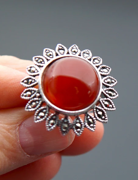 925 Ayar Gümüş Kadın Akik Taşı Yüzük sy00080 - Resim 6