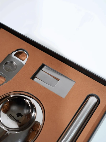 AlsepeteAvm Çakmak Kesici Tüp Küllük Sehpa Beşli Gümüş Puro Seti CST0263 - Resim 4