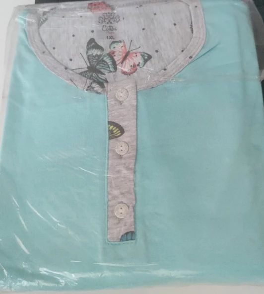 Uzun Kollu Kelebek Desenli Mavi Büyük Beden Kadın Pijama Takımı - Resim 3