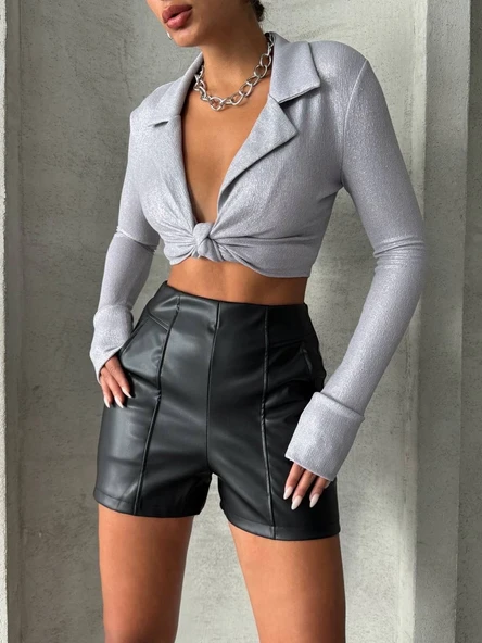 Parçalı cepli deri şort siyah - Resim 2