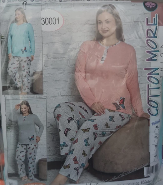 Uzun Kollu Kelebek Desenli Mavi Büyük Beden Kadın Pijama Takımı - Resim 2