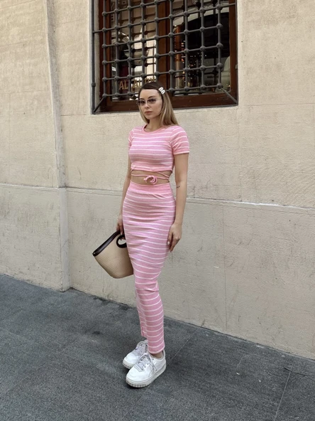 Çizgili etekli takım pembe s3609 - Resim 2