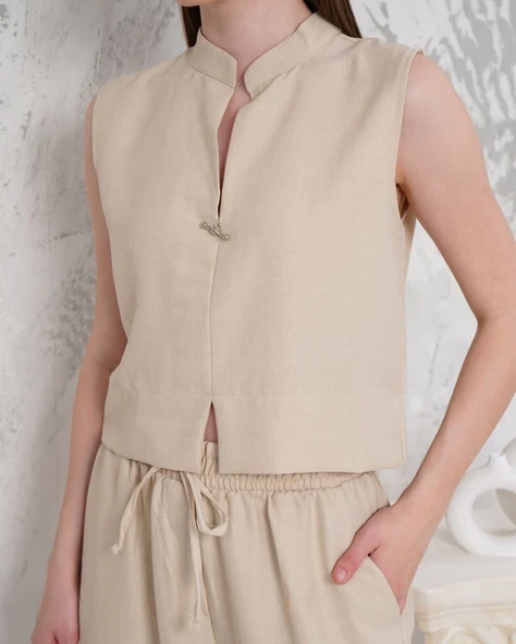 Broşlu yelek pantolon takım bej s255821 - Resim 5