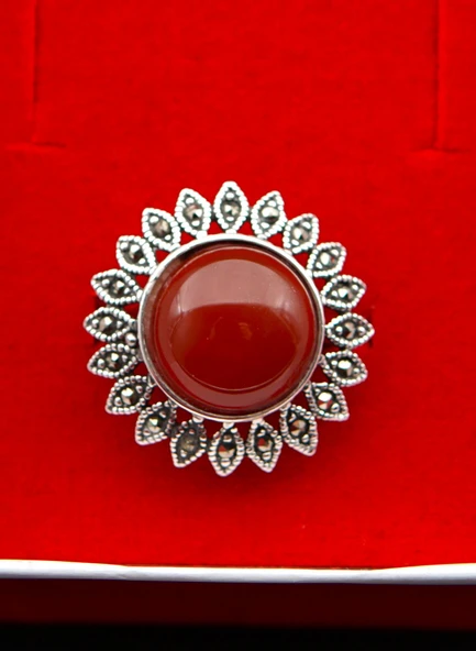 925 Ayar Gümüş Kadın Akik Taşı Yüzük sy00080 - Resim 2