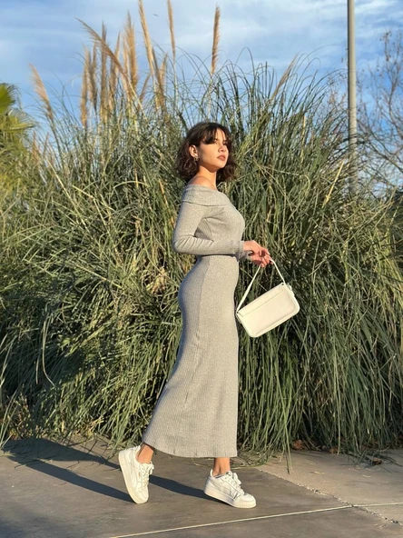 Madonna yaka uzun elbise şardonlu kumaş gri - Resim 5