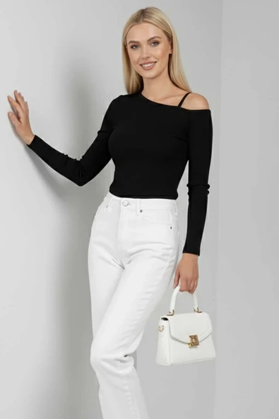 Tek Omuz İpli Bluz Siyah ürün görseli