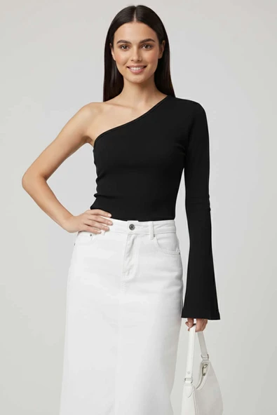 Tek Omuzlu Basic Bluz Siyah ürün görseli