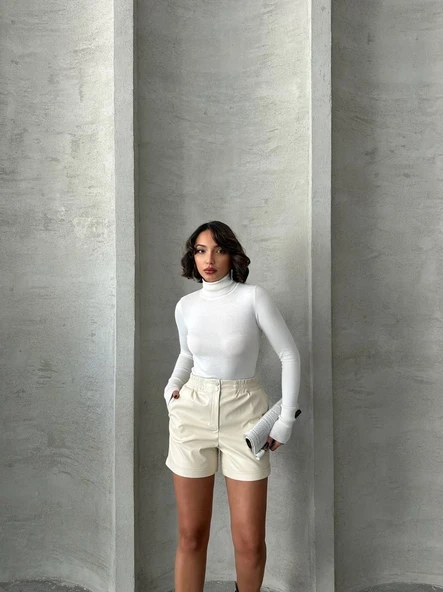 Beli lastikli çıtçıtlı deri şort krem w241007 - Resim 5