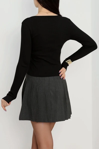 Bisiklet Yaka Parmak Geçmeli Kaşkorse bluz siyah - Resim 5