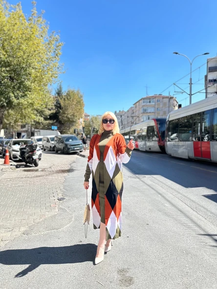 Uzun hırka içi elbise ikili triko takım ekose baklava desen haki kırmızı - 2