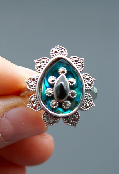 925 Ayar  Gümüş Kadın Oltu Taşı ve Mercan Yüzük sy00082 ürün görseli 1