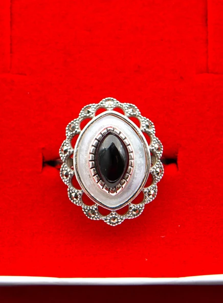 925 Ayar Gümüş Kadın  Oltu Taşı ve Sedef Yüzük sy00081 - Resim 5